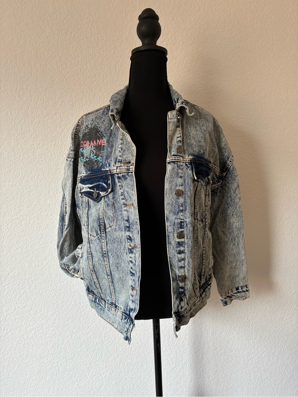 Hot Rod Painted Acid Wash Denim Trucker Jacket Rockabilly Punk LA Scene - Picture 2 of 5